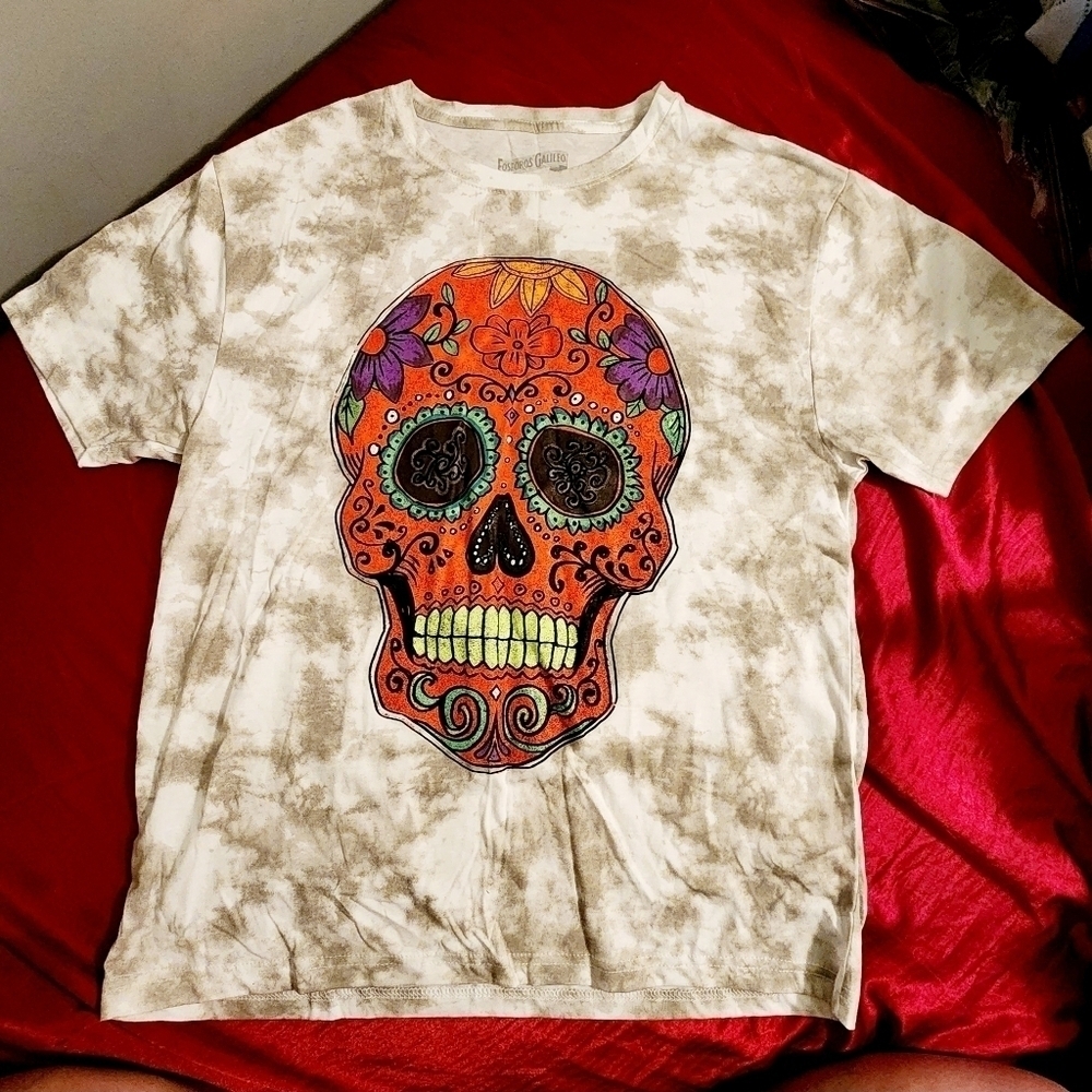 Fósforos Galileo Day of the Dead Skull T-Shirt Grey Tie Dye Tee Women’s XXL EUC